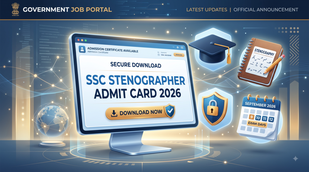 3D illustration of a computer screen showing the SSC Stenographer Admit Card 2026 secure download portal, alongside a stenography notebook, graduation cap, and exam calendar.