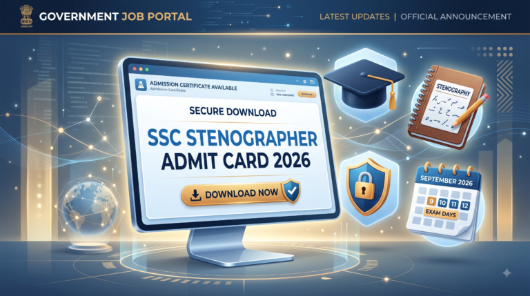 3D illustration of a computer screen showing the SSC Stenographer Admit Card 2026 secure download portal, alongside a stenography notebook, graduation cap, and exam calendar.